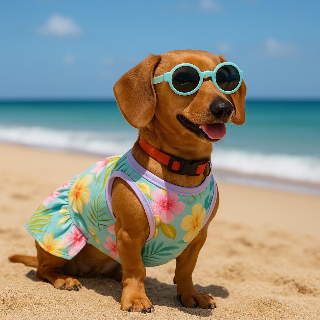 Cagnolino in spiaggia con un vestitino alla moda